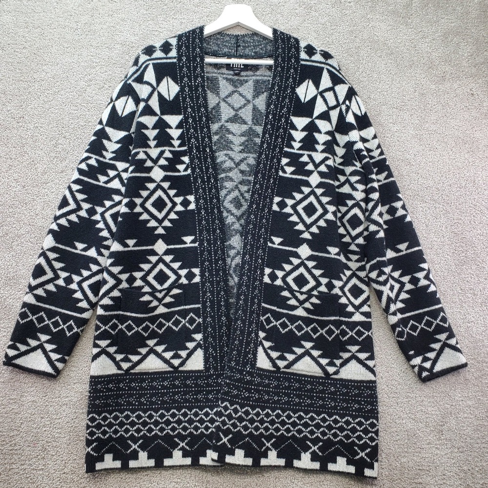 Frye Cardigan Sweater Women L Black White Southwestern Geometric Aztec Cabincore
